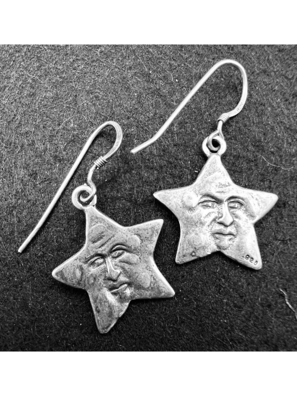 Vintage Sterling Silver Celestial Star Face Dangle Earrings